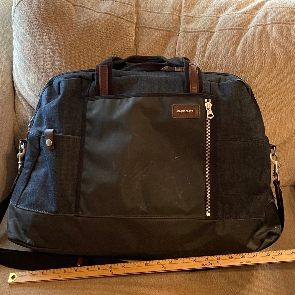 Diesel Duffle Bag Denim Coated Canvas Large Weekender Travel Bag Black Blue